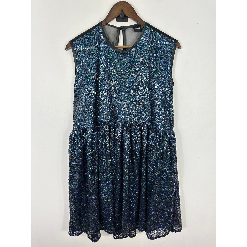 Asos Sequin Dress Womens 6 Black Mesh Sleeveless Showgirl Glam Y2K Indie Sparkly